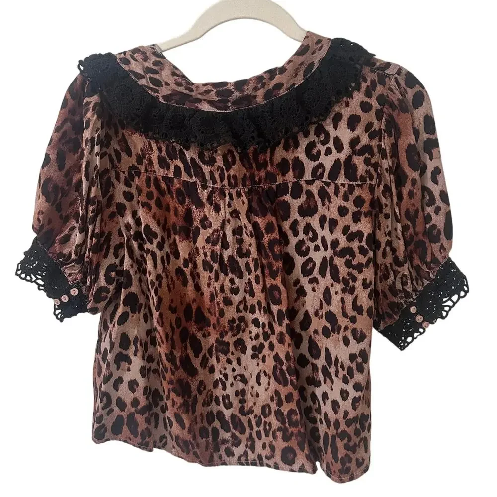 Free People Leopard Print Button-Up Short Sleeve Puff SleeveTop Soft Girl S